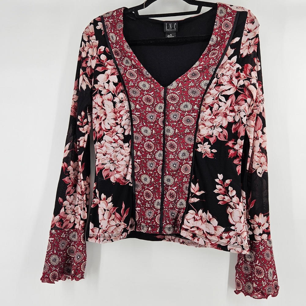 Y2K Romantic Floral Print Patchwork Long Sleeve Top M Boho Fairy Grunge Indie
